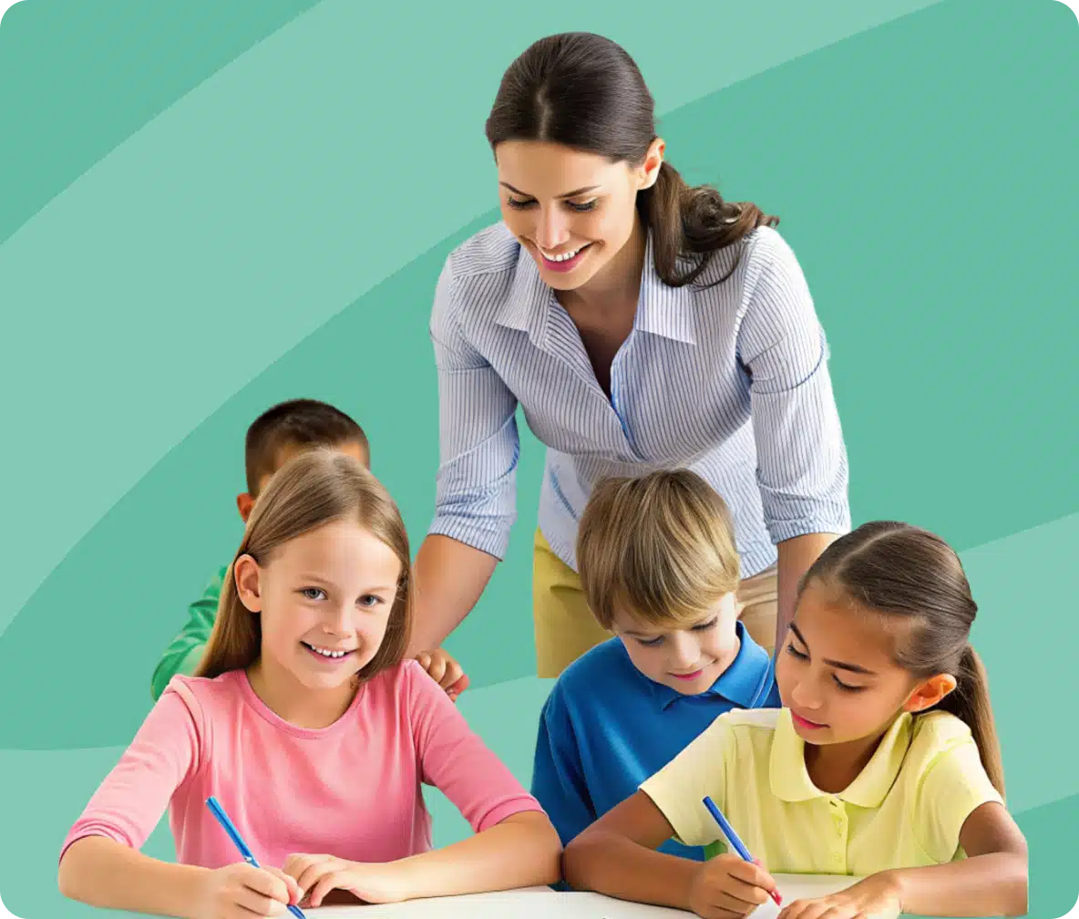Teacher helping elementary students with classwork at desk