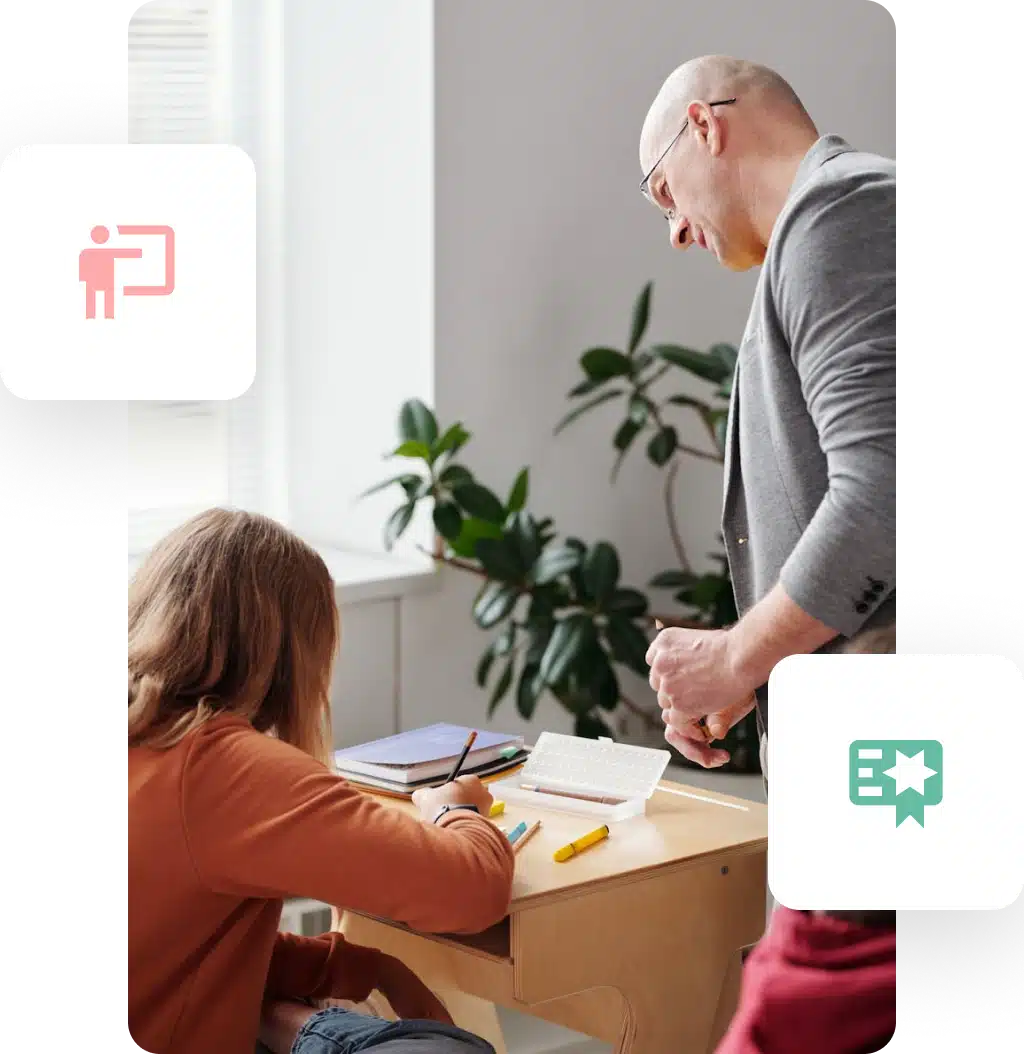 Teacher assisting a student at a desk during class, with presentation and feedback icons overlayed.